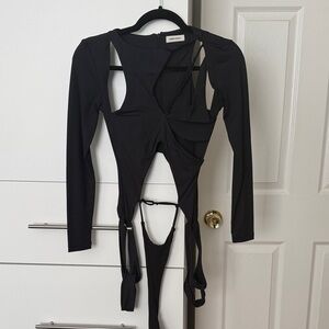 Black Asymmetric Cutout Long-Sleeve Bodysuit